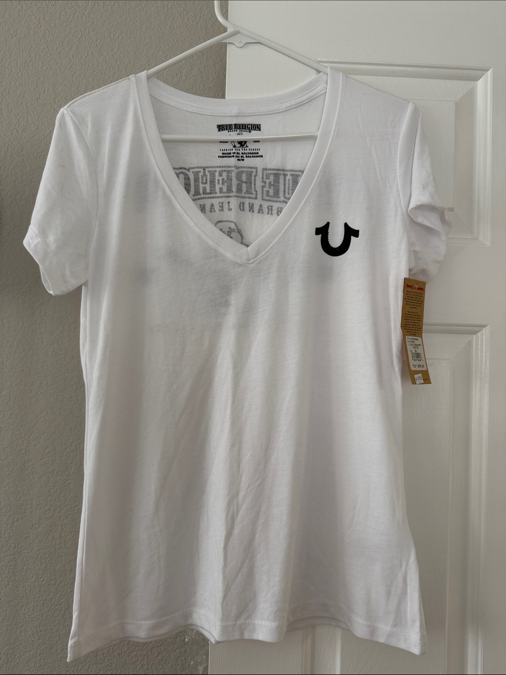 True Religion White V-Neck Tee with Black Horseshoe Logo